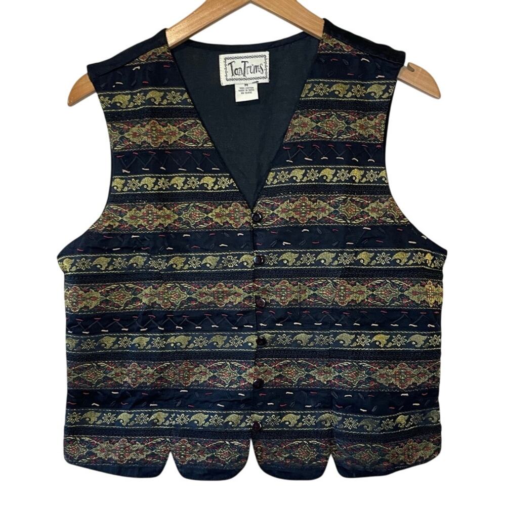VTG TanTrums Whimsy Goth Striped Embroidered Metallic Button Up Cotton Vest Med